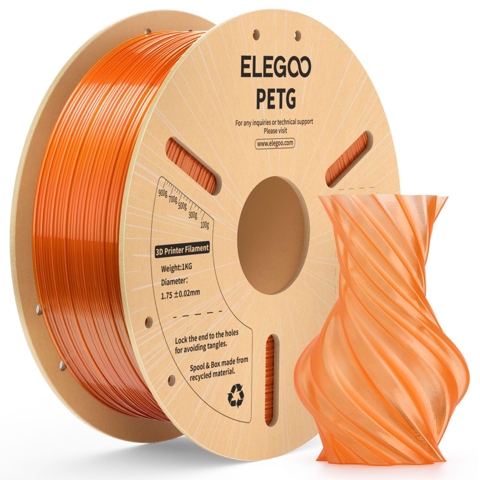 ELEGOO PETG Filament 1.75mm Translucent Orange 1KG, Transparentes 3D-Druckerfilament Hohe Präzision, Robust & Langlebig, 1kg Spule (2,2lbs) Für die meisten 3D Drucker