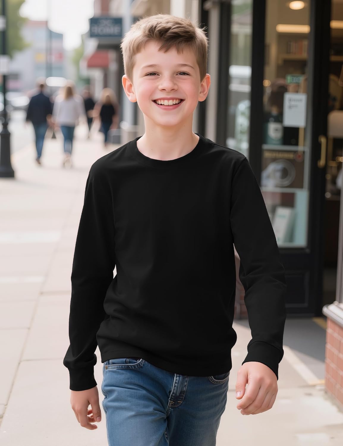 Auranso Boys Long Sleeve Shirts Crewneck Cotton Kids T-Shirts Solid Color Basic Tee Tops - Image 3