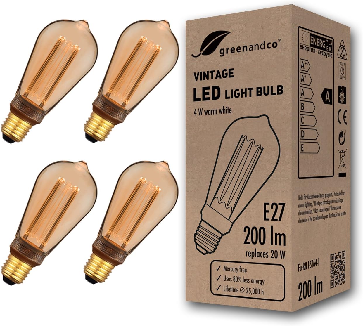 greenandco 4X Decorative LED Vintage Light Bulb, E27 St64 Amber, 4 Count (Pack of 1)