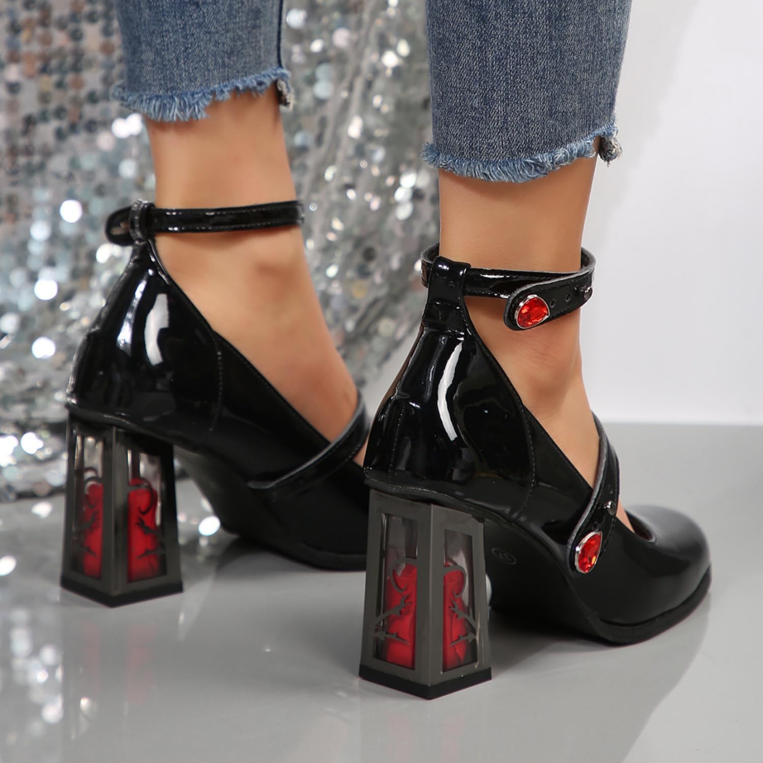 Zapatos Mary Jane de Plataforma para Mujer, Zapatos de tacón con Plataforma gótica Lolita en el Tobillo con Punta Dulce, Zapatos de Plataforma Gruesos, Zapatos de Vestir de Charol