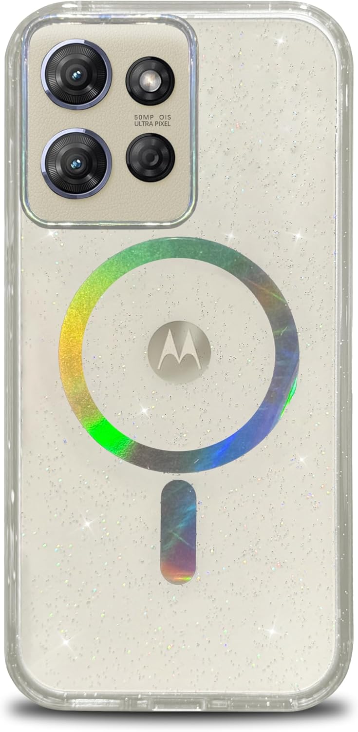 for Moto G Power 5G 2025 Case Compatible with Magsafe Magnetic Bling Glitter Clear Shiny Sparkle Holographic Laser Luxury Military-Grade Shockproof Protect Soft Acrylic Phone Cover for Women