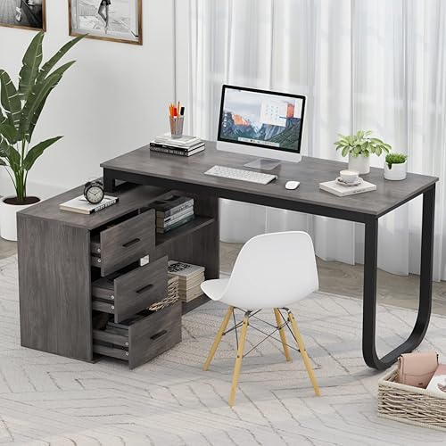 Miniatura 11 de FUFU&GAGA Escritorio de oficina grande en forma de L de 55.1 pulgadas con archivador de 41.3 pulgadas, escritorio esquinero para computadora con 3