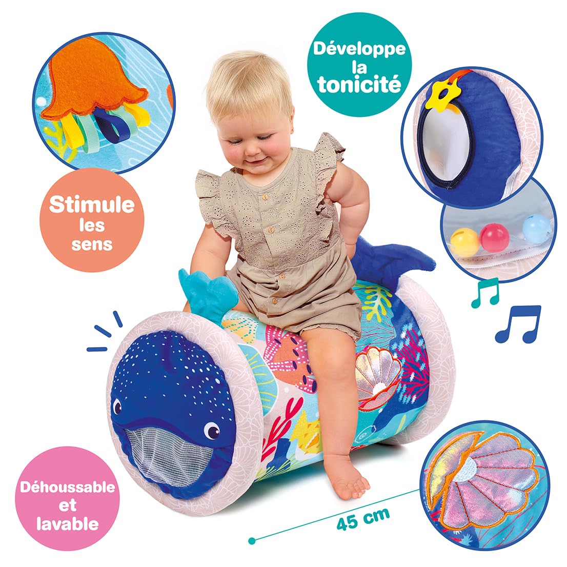 LUDI - Baby Roller Ballena - Rodillo Inflable de Actividades - 6 Actividades sensoriales - Desarrolla motricidad y Coordinación - A Partir de 6 Meses - 45 x 30 cm