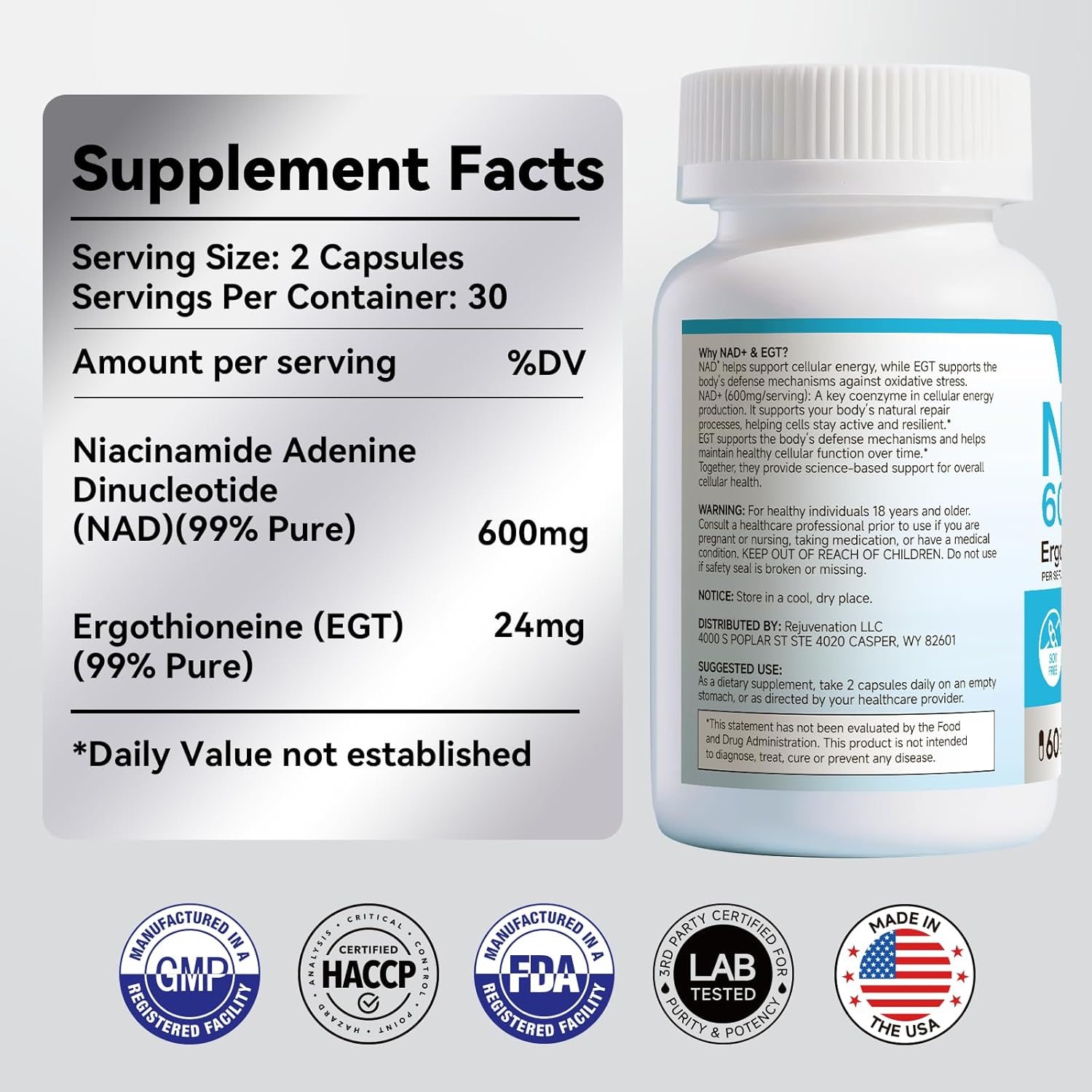 PQM NAD+ 600mg with Ergothioneine 24mg | Supports Cellular Energy, Anti Aging & Vitality | 99% Pure NAD Supplement | 60 Vegetarian Capsules Third-Party Tested