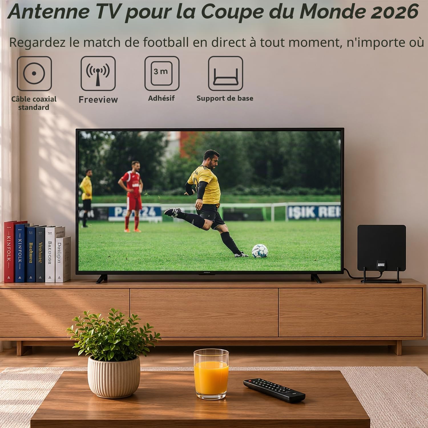 August DTA450 Antenne TV d’Intérieur TNT HD Puissante Numérique avec Câble 3m UHV VHF Noir