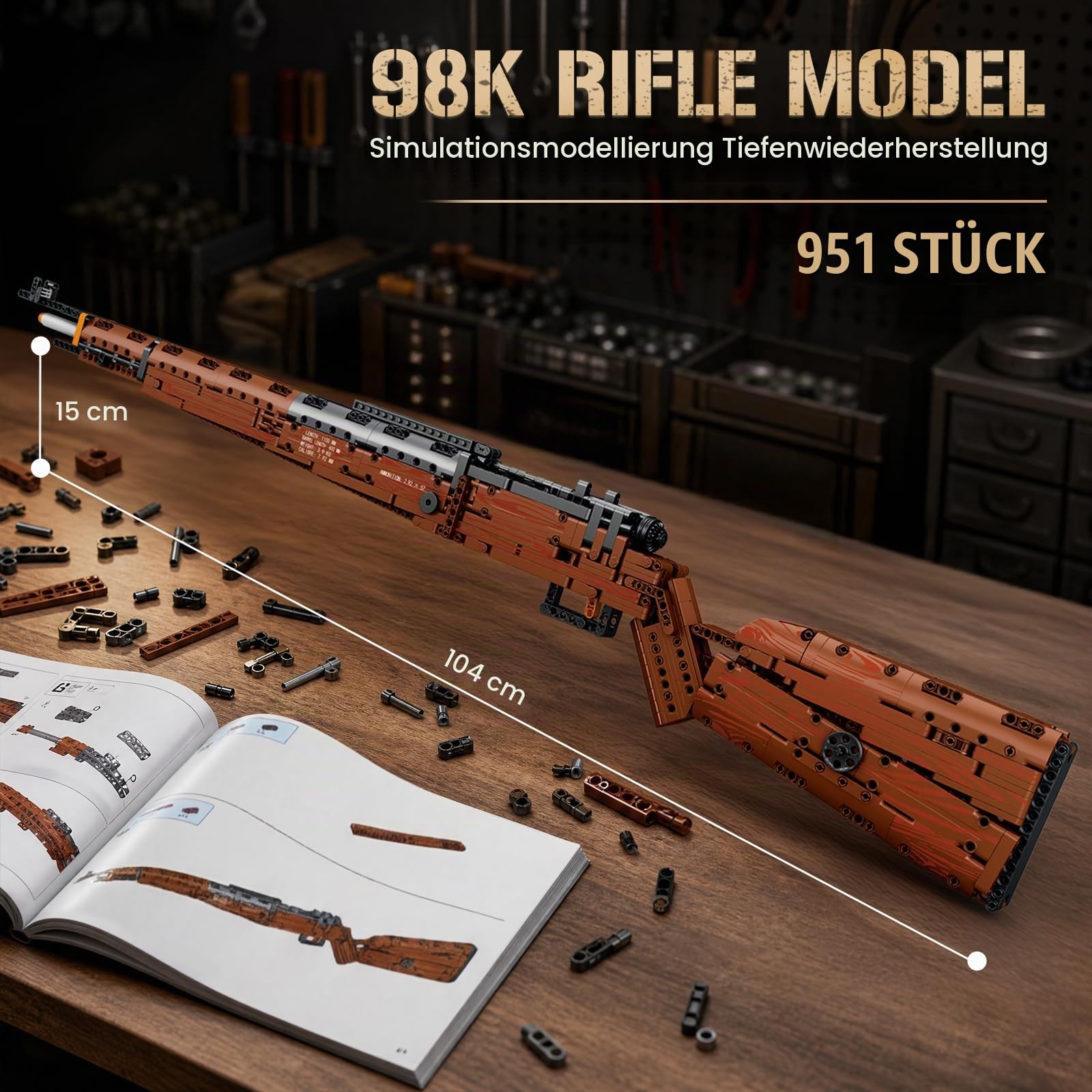 Reobrix 98K Gewehr-Modellbausatz für Erwachsene,104cm Klemmbausteine Modell | Großes Karabiner Modell, Funktionsmodell, Detailreiches Ausstellungsmodell, Militärfans, 77003 Modellset, 951 Teile Bausatz