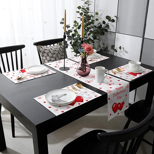 Miniatura 3 de Mantel individual rojo de San Valentín con camino de mesa a juego juego de mesa de arpillera de algodón y lino 6 alfombrillas de lugar  camino de 13