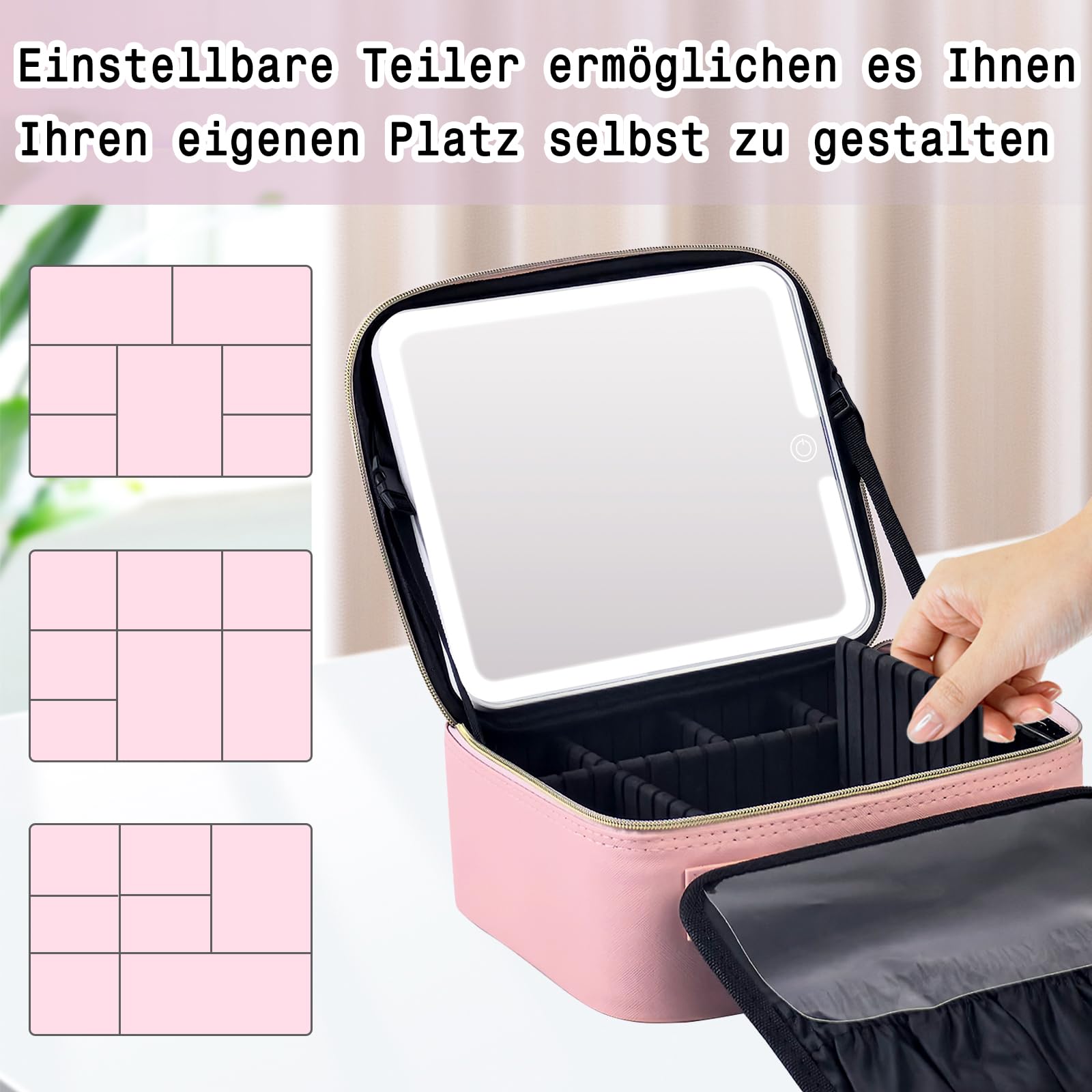 Make up Tasche mit Spiegel，Travel Makeup Bag mit 1/10x Spiegel und 3 Farbe Licht，Make up Organizer Tasche mit Aufbewahrung von Make-up-Pinseln, Makeup Organizers für Frauen(Rosa Leder)