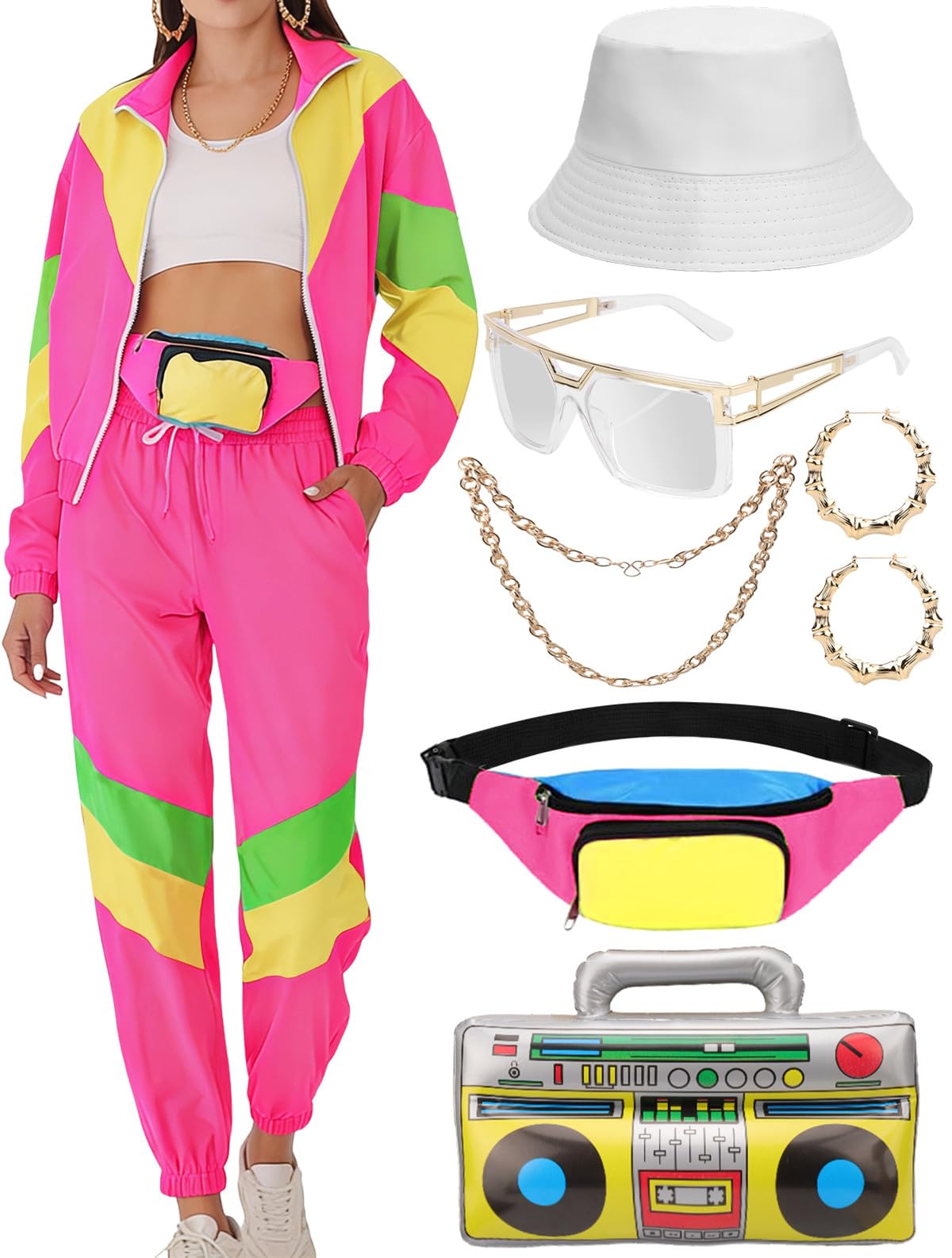 VillbeCoser Disfraz de los años 80 y 90 para mujer, chándal con riñonera, sombrero de gueto, gafas, collar, pendientes, discoteca, carnaval, fiesta temática, disfraz, botón de baño