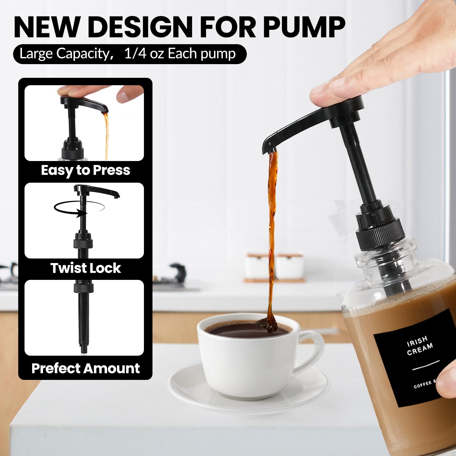 Sunal Kaffeesirupspender mit Tablett, Set mit 3 Glas-Sirupspendern mit 0,6 l großer Pumpe, wasserdichten Etiketten und Trichter, 500 ml Sirup-Pumpflasche für Kaffeebar und Küche (schwarz)