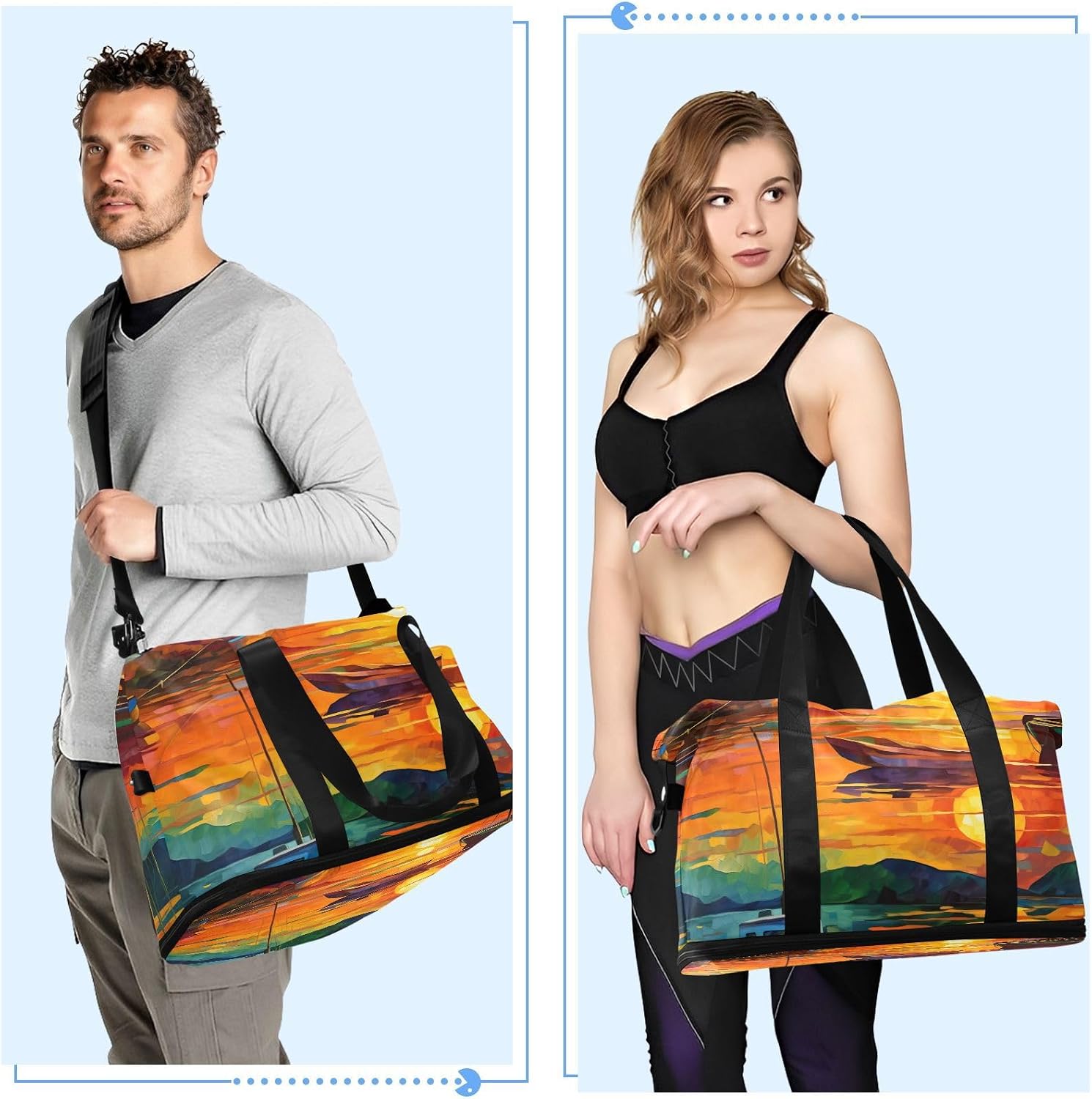xigua Gym Bag Sunset Oil Painting Travel Duffel Bag - Sports Gym Bag with Dry Wet Pocket Cosmetic bag & Shoes Compartment for Women and Men