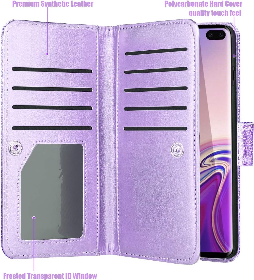 Fingic Samsung S10 Plus Case, Glaxy S10 Plus Case, Glitter Sparkle Cover 9 Card Holder PU Leather Detachable Wrist Strap Wallet Case for Women Protective Case for Samsung Galaxy S10 Plus 6.4", Purple