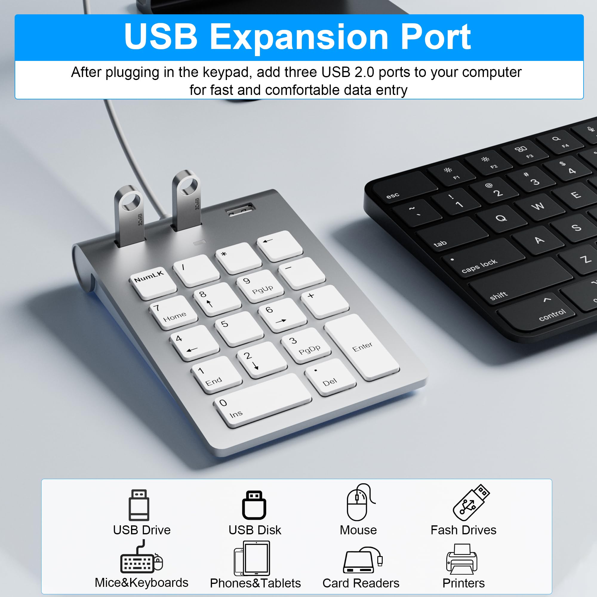 Pavé Numérique avec câble USB, USB A/USB C Clavier Numérique Ergonomique Portatif Mini avec 3 USB 2.0 Ports, Pavé de Calcul de Bureau 18 Touches pour Ordinateur Portable, Surface Pro, PC, iMac, iPad