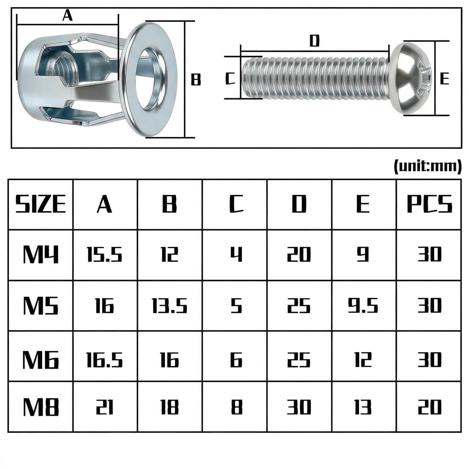 Metalowy kołek rozporowy M4 x 20 mm, 30 szt. metalowych kotw, rowki Jack Nuts, kołki rozporowe, cienkie mocowania, do drzwi pustych, ścian, cienka blacha żelazna