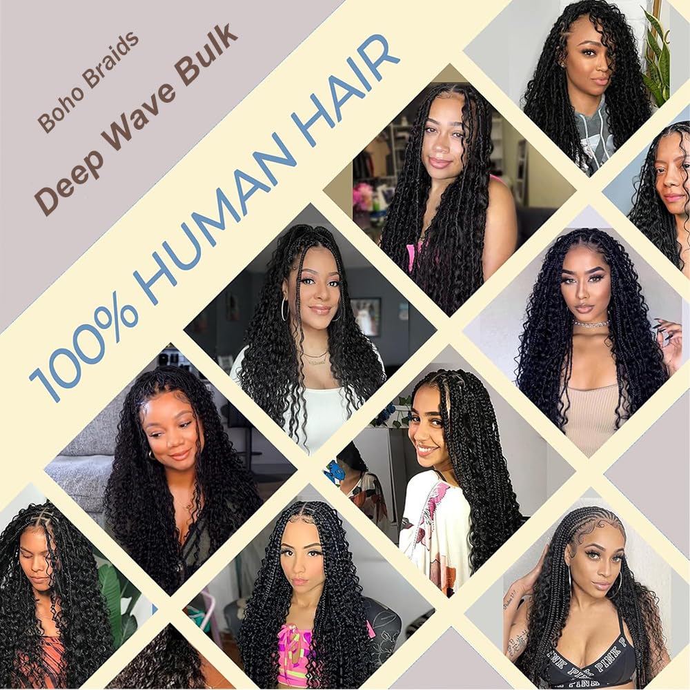 MUNONG Human Braiding Hair Deep Wave Bulk Human Hair for Braiding 50g 20 inch No Weft Curly Braiding Hair Bulk Human Braiding Hair for Boho Braids Hair Extensions Real Human Hair Natural Color