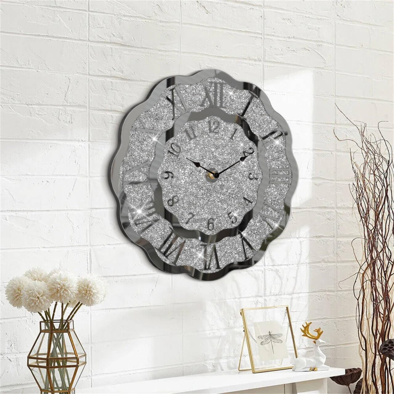 Reloj de pared con espejo de diamante triturado, reloj de cristal plateado moderno para dormitorio, decoración única para el hogar, espejo de cristal, para sala de estar, oficina, comedor