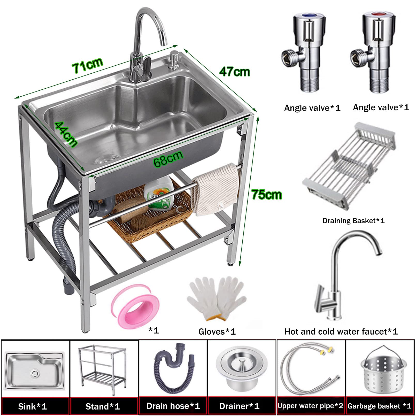 Lavello Cucina Commerciale TAITUTE Mobile Lavello Acciaio Inox Con Supporto 1 Vasca Inossidabile Con Rubinetto Acqua Calda E Fredda Per Garage Ristorante Lavanderia Interni Ed Esterni,71x45x75cm