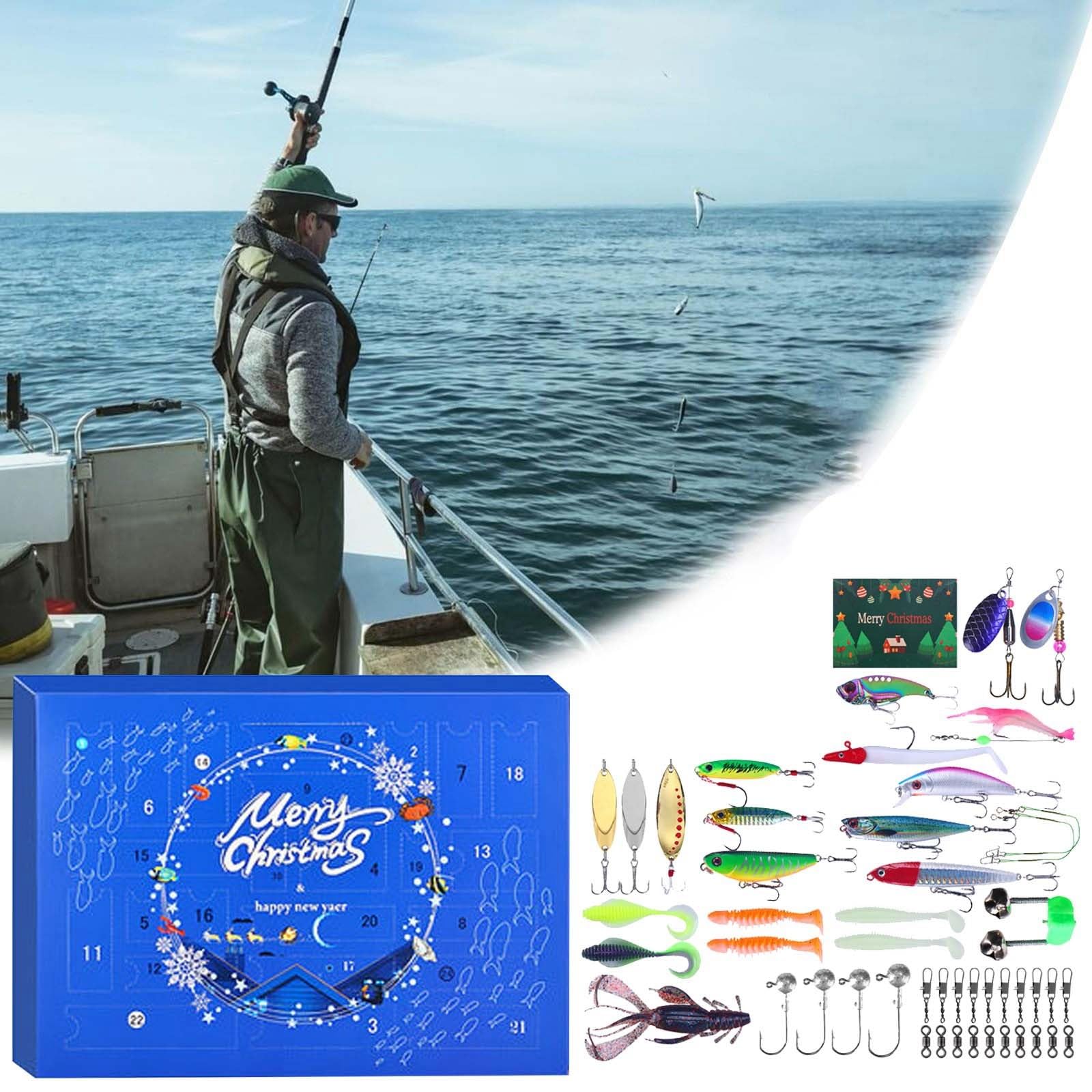 Calendario de Adviento de pesca 2024 para adultos, hombres, adolescentes y niños, calendario de adviento de pesca para agua dulce y salada, plástico suave para padre, novio, abuelo, YmF638 (azul, 32 x