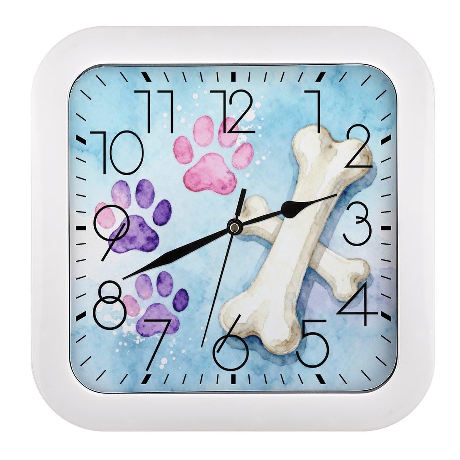 LZQPOEAS Dog Paw Prints Bones Square Wall Clock, 10.2 Inch Battery Operated Silent Non-Ticking Wall Clock, Square Analog Decorative Clock for Home Wall Art, Living Room, Bedroom, and Office