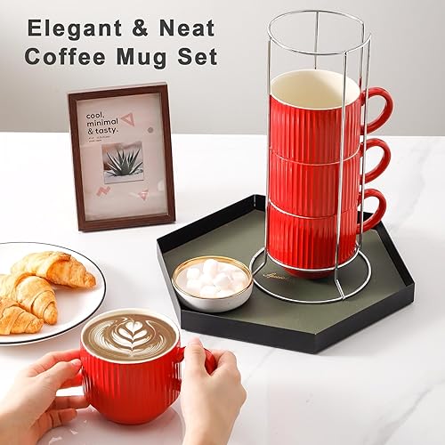 Vista 125 de Hasense Juego de 4 tazas de café de cerámica con soporte, 15 onzas, apilables, grandes, de porcelana, acanaladas, para capuchino, té, cacao