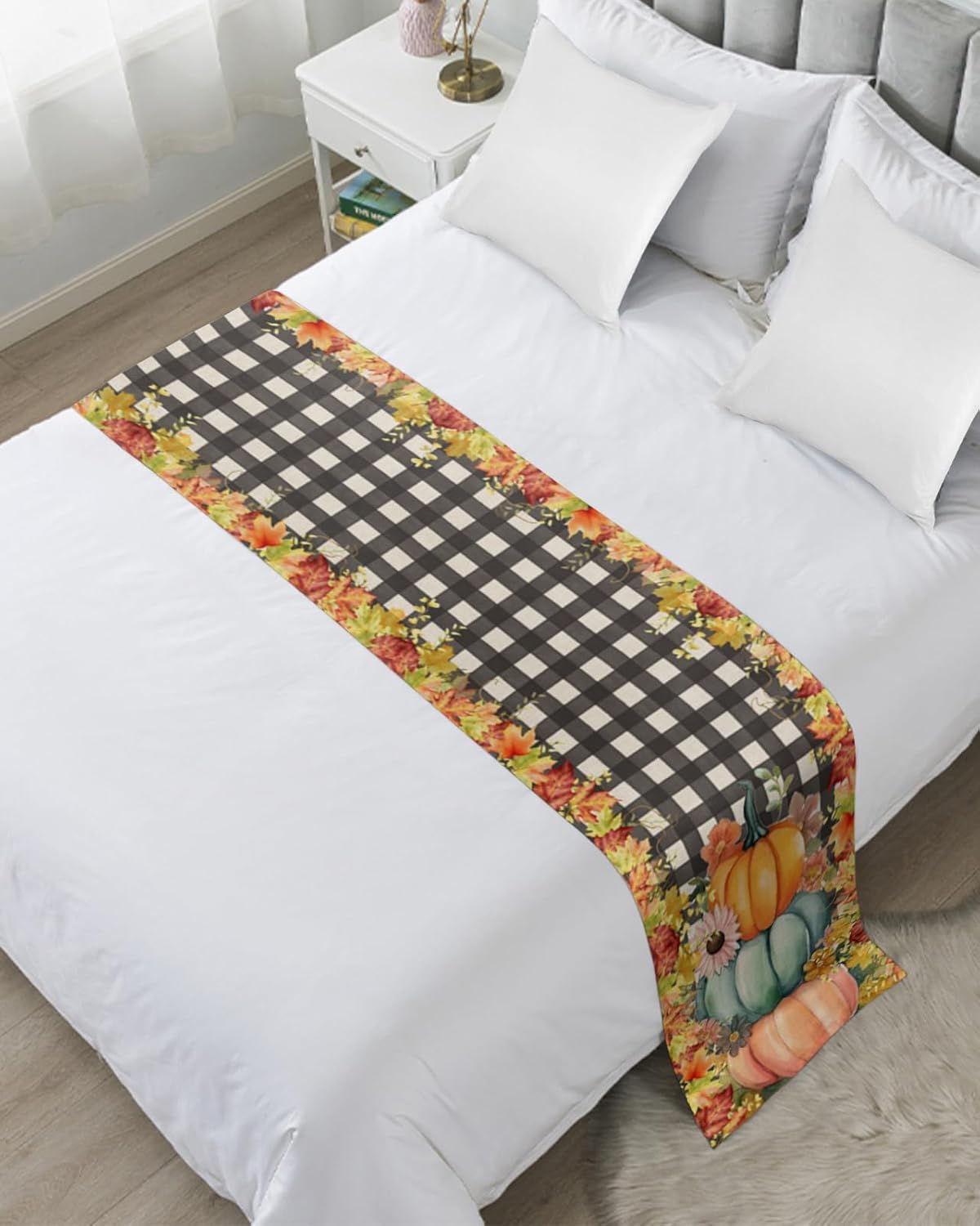 Bed Runner Thanksgiving Day Bedroom Bedding Scarves for Full Size Bed, Checker Plaid 83x20In Bed Runners Scarf for Hotel Guestroom Wedding Room Decortions Autumn Pumpkins Flower with Maple Leaf