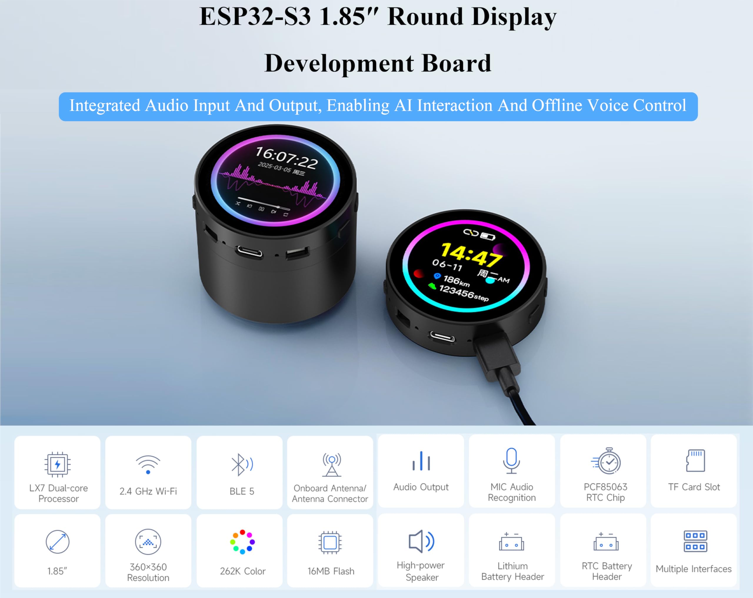 ESP32-S3 1.85inch Round Touch LCD Development Board, 360x360, Supports Wi-Fi & BLE 5, AI Speech, Smart Speaker Box, Support AI Interaction and Offline Voice Control, with Speaker Box