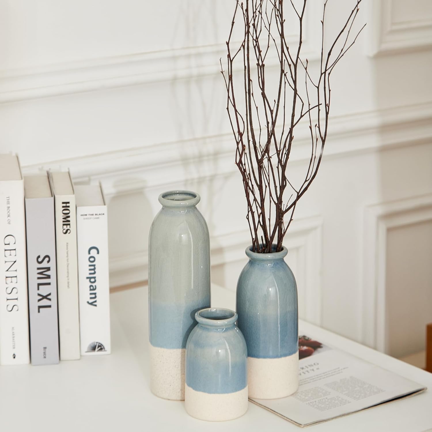 Blue Ceramic Vase 3 Sets,Farmhouse Vase for Country Home Decoration, Tabletop Decor, Bookcase, Fireplace and Entrance Decoration. - Image 4