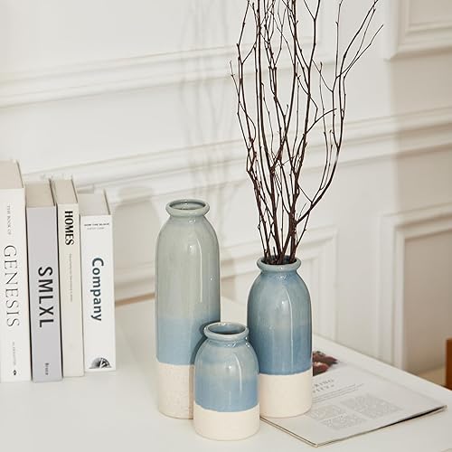 Miniatura 4 de Juego de 3 jarrones de cerámica azul, jarrón de granja para decoración del hogar de campo, jarrón para decoración de mesa, estantería, chimenea y