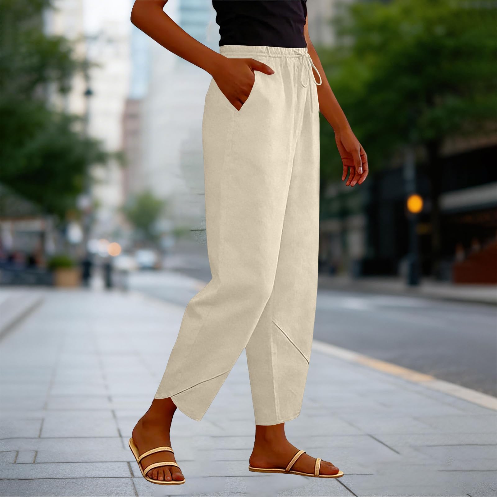 Generisch Pantalon de loisirs en lin pour femme - Élégant - Palazzo - Pantalon sarouel - Léger et respirant - Pantalon d'été à jambes larges - En coton - Pantalon de plage - Pantalon long en tissu