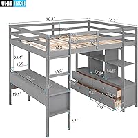 Vista 2 de Moderna cama tipo loft de tamaño matrimonial con escritorio integrado, marco de cama tipo loft de madera maciza con seis cajones y estantes