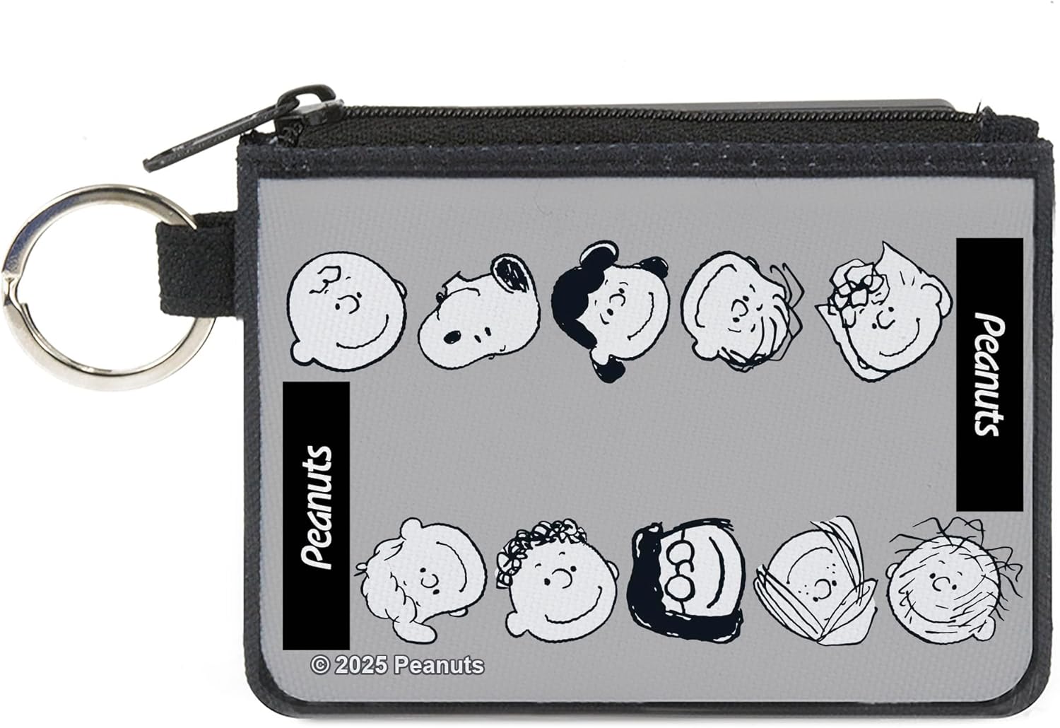 Buckle-Down Peanuts Wallet, Coin Purse, Peanuts Gang Ten Character Faces Gray Black White, Canvas