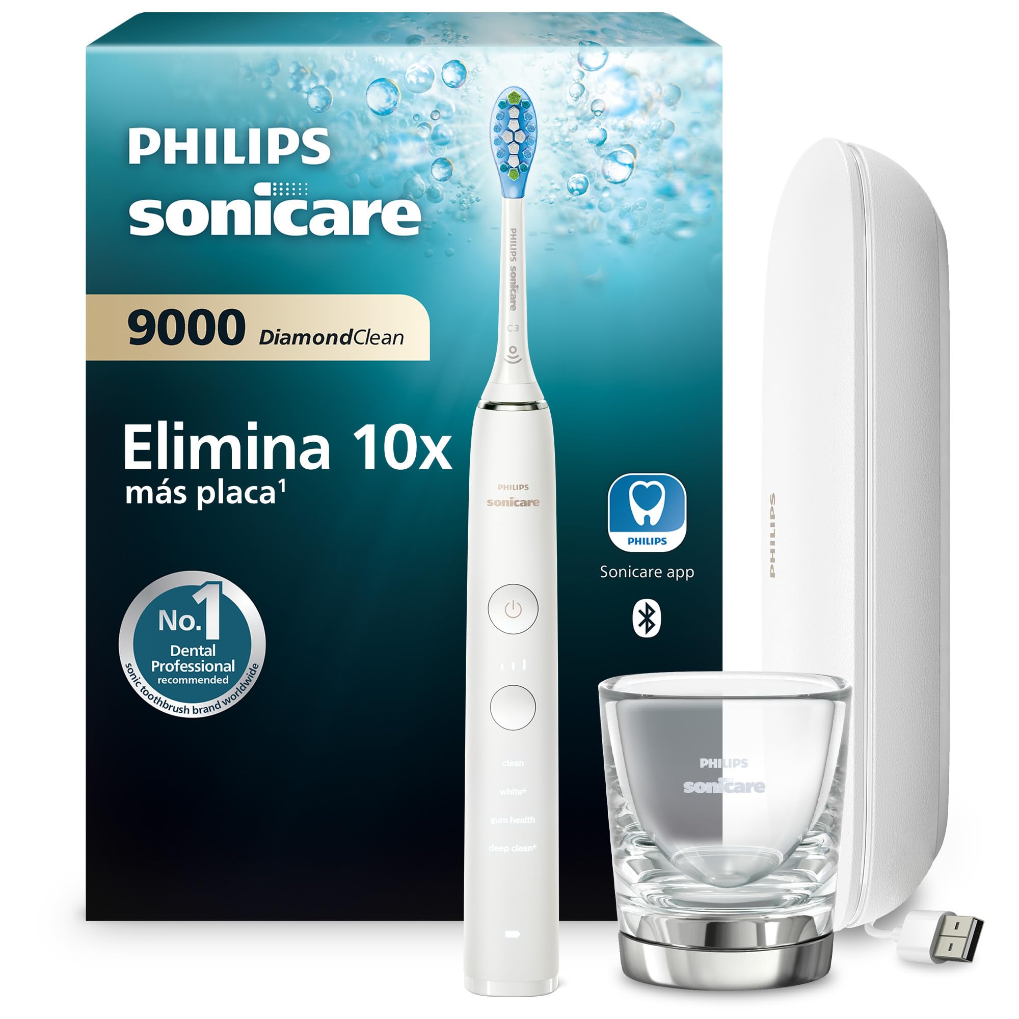 Philips Sonicare DiamondClean 9000 Cepillo Eléctrico, 4 Modos, 3 Intensidades, Estuche de Viaje USB, Blanco