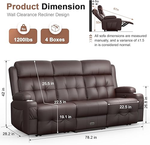 Miniatura 5 de Sofá reclinable, sofá reclinable de masaje de 3 plazas, capacidad pesada, sofá de dos plazas para autocaravana, sofá reclinable con almacenamiento,