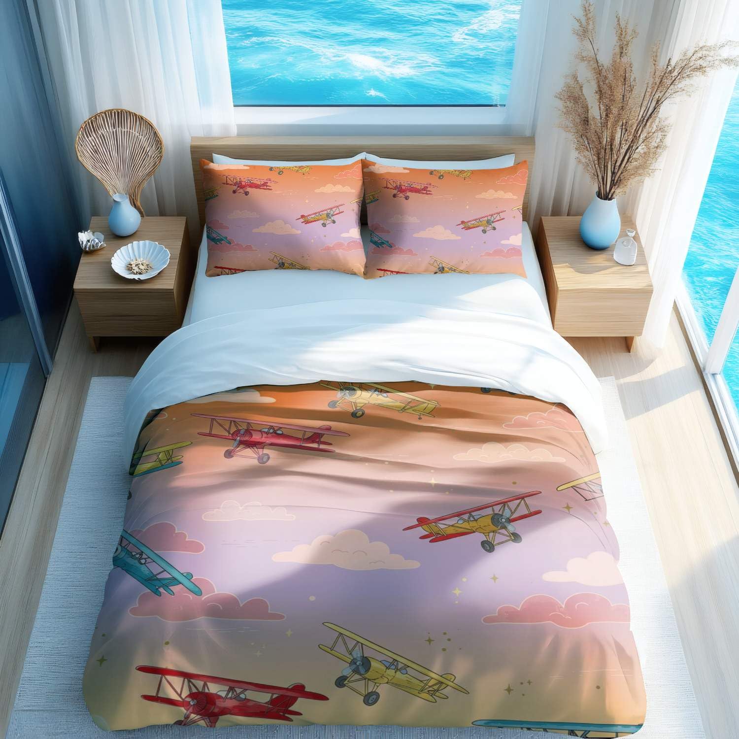 Parure de lit avion vintage 3 pièces pour décorer la chambre enfant mixte