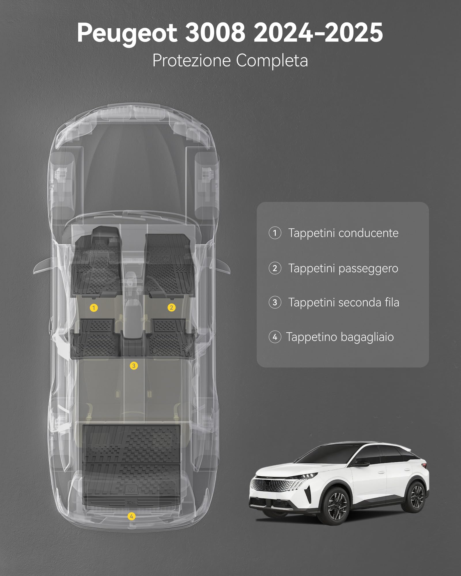 3W Set 4 di Tappetini per Peugeot 3008 III 2024-2025 2026 (Non Compatibile con EV) in Thorex™,Tappetini e Tappetino per Bagagliaio su Misura, Facili da Pulire, Resistenti, Antiscivoli