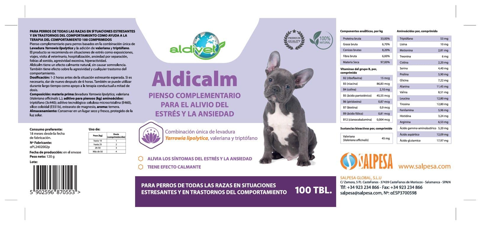 Aldivet Aldicalm Suplemento para Estrés y Ansiedad en Perros - Para Viajes, Visitas al Veterinario - Fuegos Artificiales - Serotonina Calmante Natural - Trastorno del Comportamiento en Perros 100 cáp