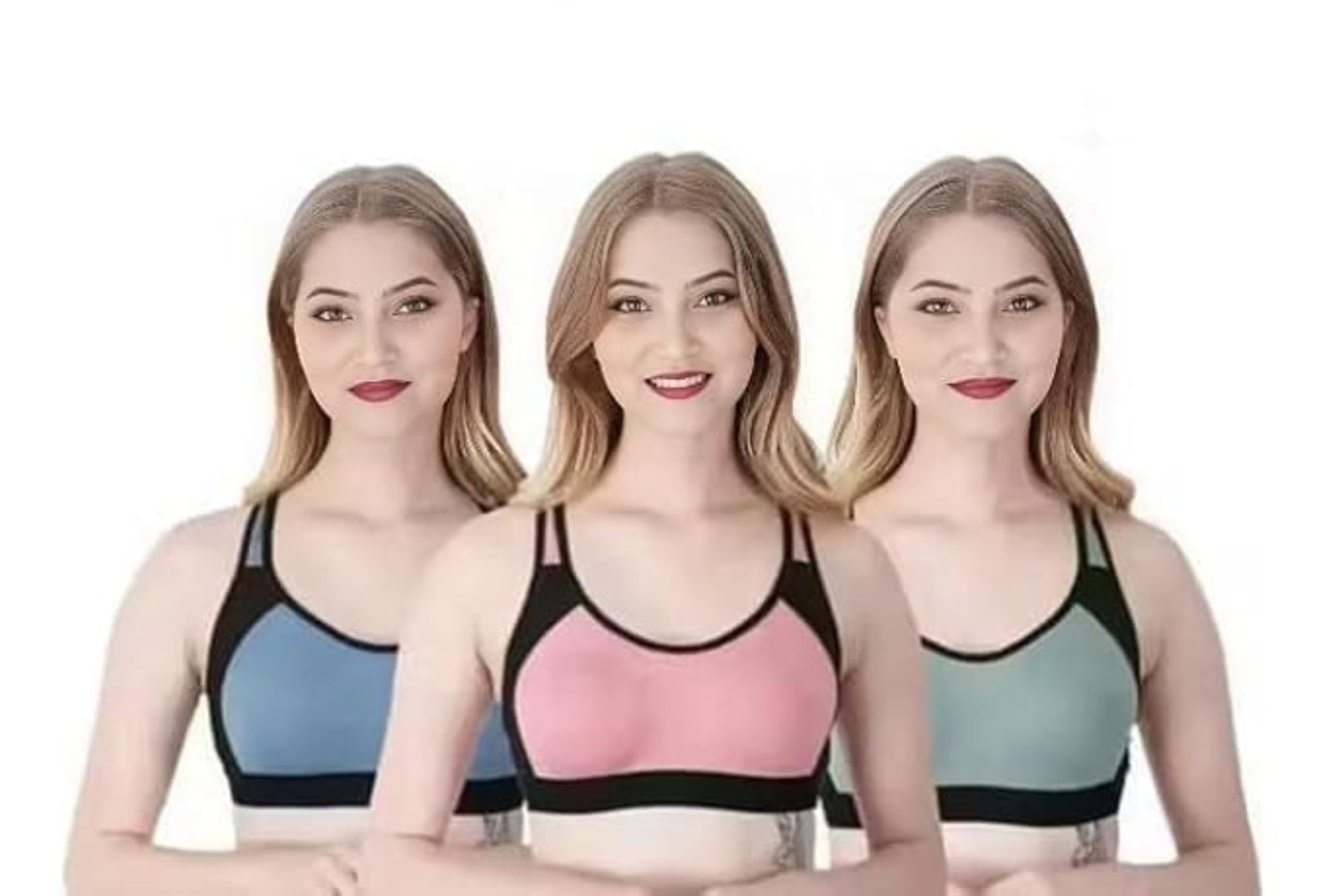 Womens Sports Bra Pack of 3 Comfort Wirefree Activewear Gym Crop Tops with Double Straps Removable Pads Stretch Athletic Layering Bra Multi Color Set-image-46