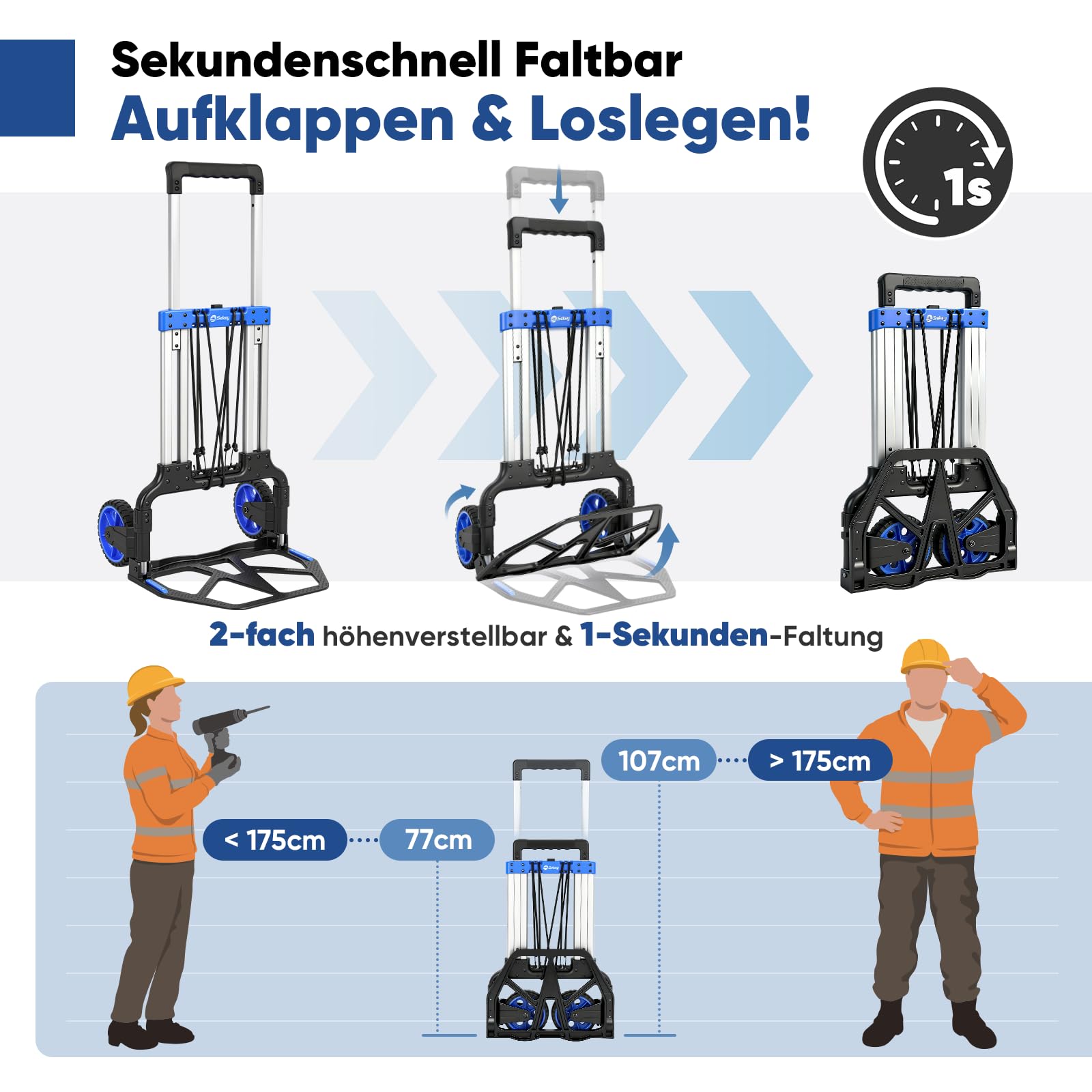 Sekey Klappbare Sackkarre & Schwerlast Transportkarre 150 kg, Verstärkter Alu Rahmen, XXL Anti-Rutsch-Pad & In Sekunden Faltbar, Höhenverstellbar mit TPR-Rädern, Inkl. 2 Expanderseile