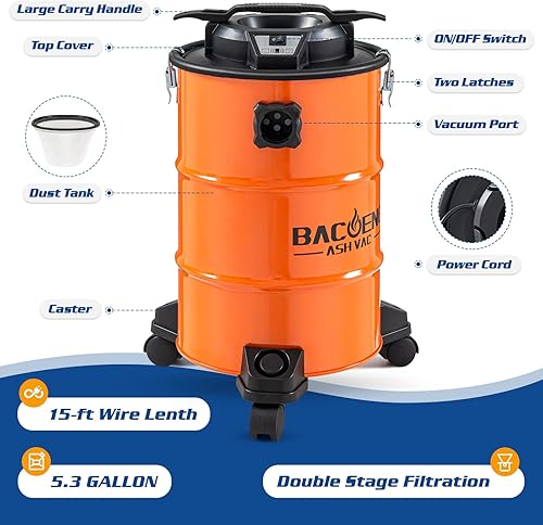 Miniatura 8 de BACOENG Aspiradora de cenizas de 5.3 galones con sistema de filtración de doble etapa, aspiradora de cenizas de 10 amperios para estufas de pellets