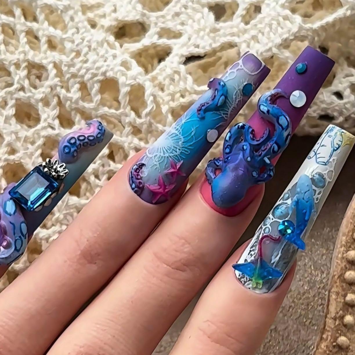 2 Pcs Sea Themed Silicone Nails Art Mold Set with Intricate Octopuses Mermaid Bones Designs 3D Template Carving Mold for Manicure Accessories Supplies