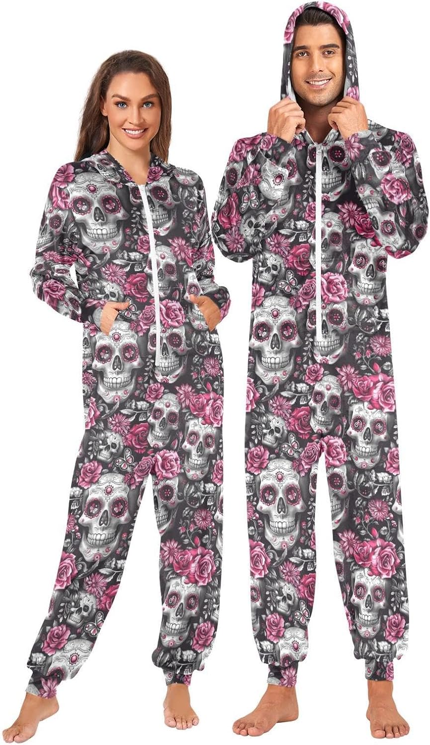ZZKKO Skull Pink Flower Adult Onesie Pajamas for Women Men Cozy One Piece Pajamas Costume Zip-Up Hooded S-XL