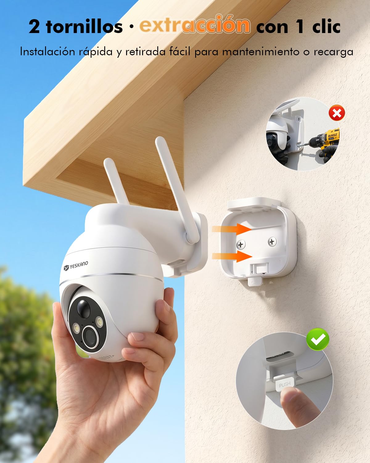 YESKANO Camara Vigilancia WiFi Exterior Solar 2K sin Cables, Panel Solar con Batería, 360° PTZ, Visión Nocturna Color, Detección PIR, Audio Bidireccional, IP66, sin Suscripción (Blanco)