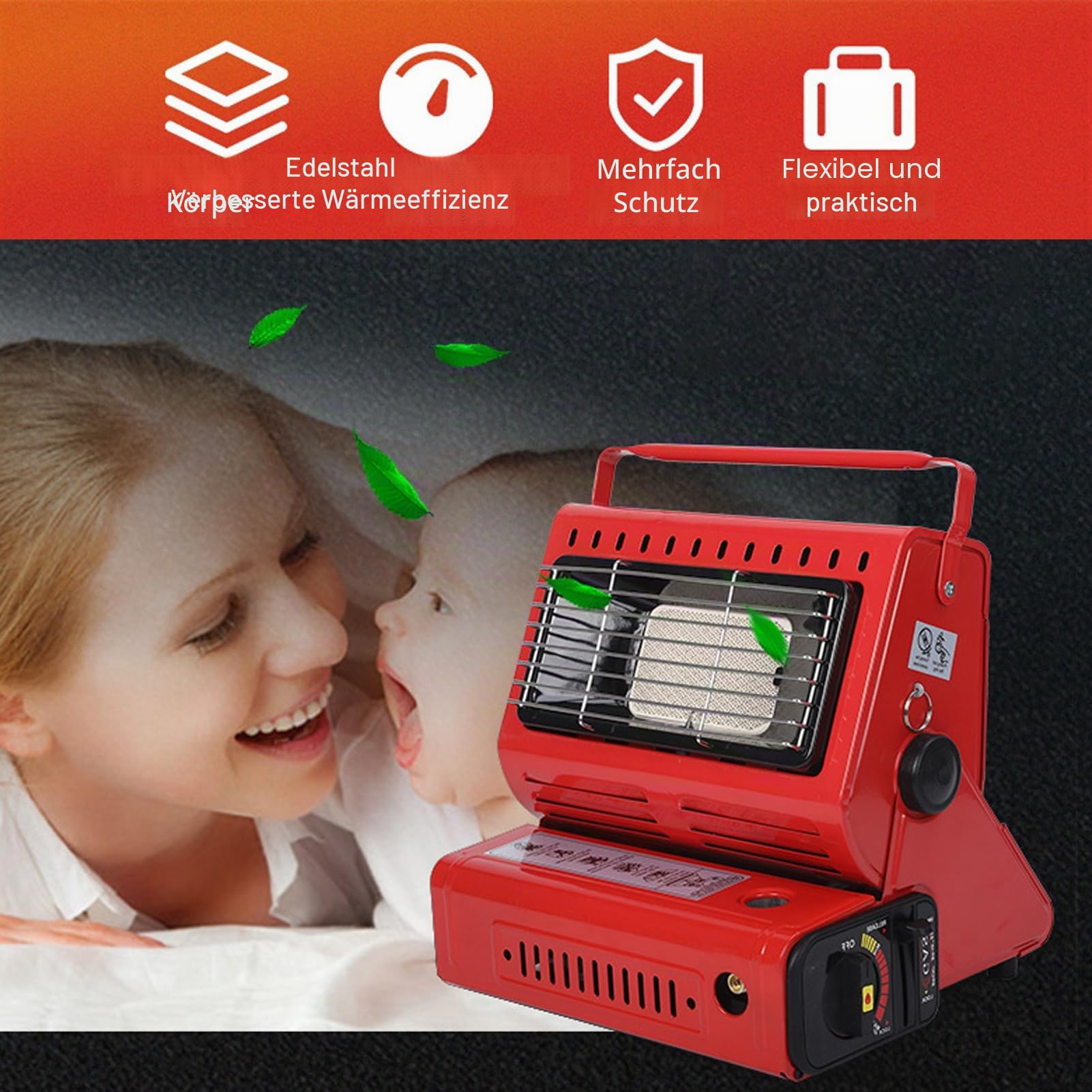 Tragbare Gasheizung Campingheizung für Zelt, Camping, Kochherd, 1,3 kW, 90 g/h, 2-in-1 Butan-Flüssiggasheizung, Brenner, tragbarer Outdoor-Gas-Heizstrahler für Camping, Angeln, Zelt, Zuhause