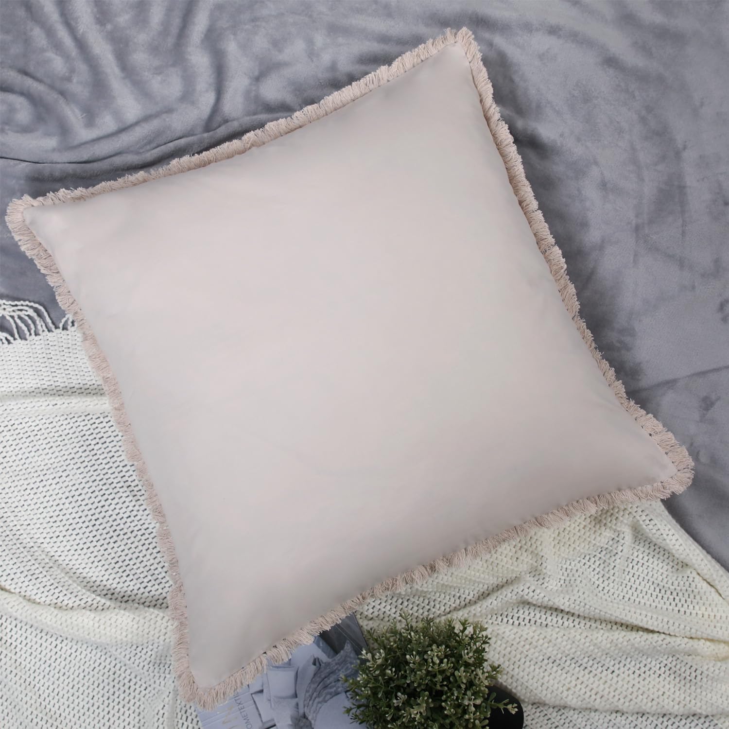 Ivory Euro Sham Covers Tassel Cream European Sham 26x26 Set of 2 Boho Fringed Euro Pillowcases Decorative Off White Pillow Covers Cotton Large Square