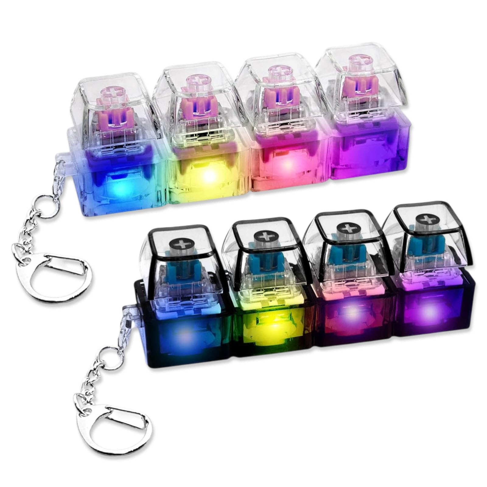 2 Pcs Keyboard Fidget Toy Light Up, 4-Button Fidget Keyboard with Keychain Portable Funny Stress Relief & Focus (Black, Transparent)