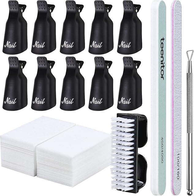 Teenitor Black Gel Polish Remover Kit - Nail Polish Gel Remover Tools Kit with Nail Clip, Nail Wipe Cotton Pad, 100/180 Nail File 400/4000 Buffer Block, Nail Brush & Cuticle Pushers