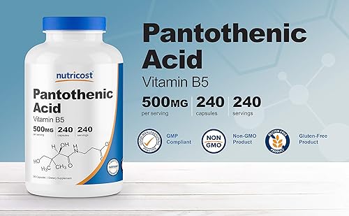 Vista 4 de Nutricost Ácido pantoténico (vitamina B5) 500 mg, 240 cápsulas (2 botellas)