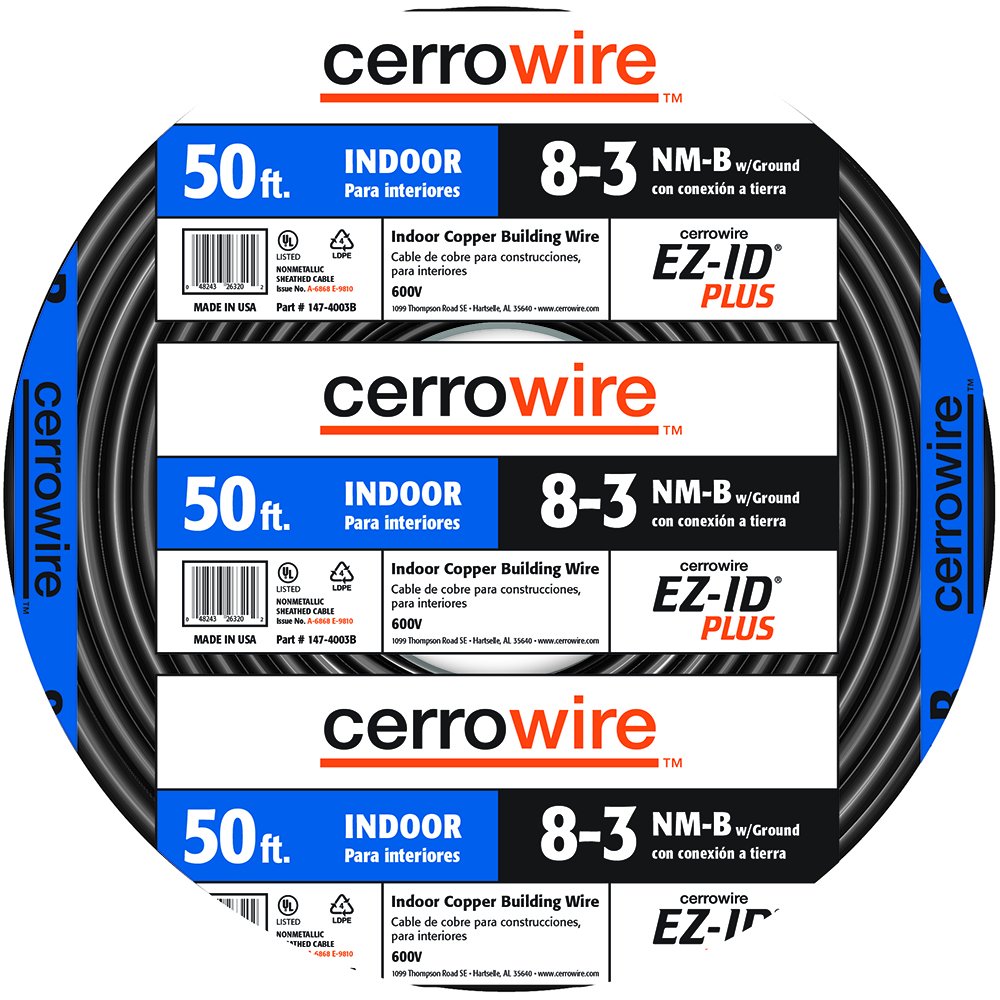 Cerrowire147-4003B 50-Feet 8/3 NM-B Stranded with Ground Wire, Black