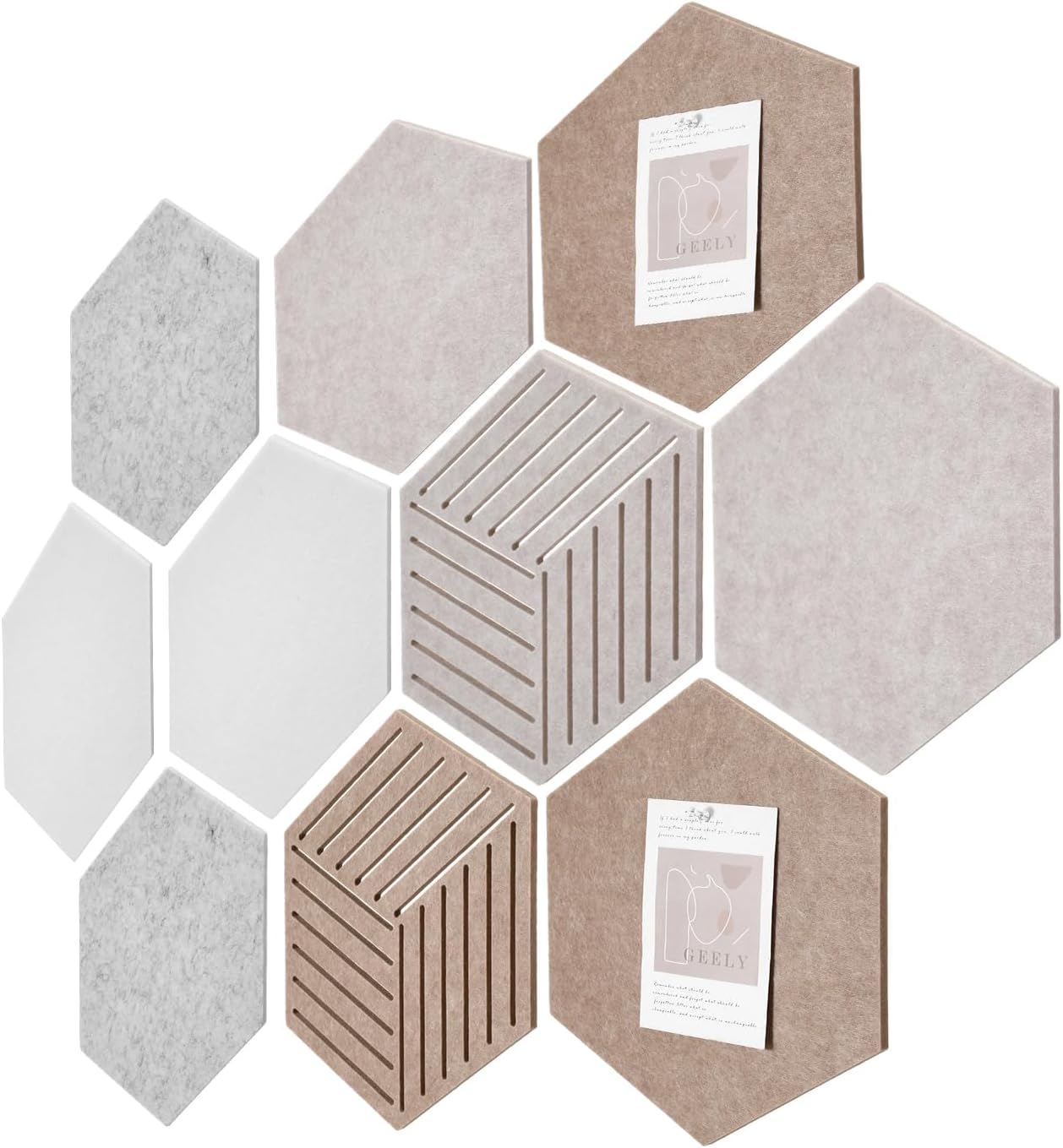 10Pcs Hexagon Cork Board Tiles, 11.8" x 10.23" Felt Wall Tiles, Self Adhesive Felt Boards with Push Pins for Memos Photos Display