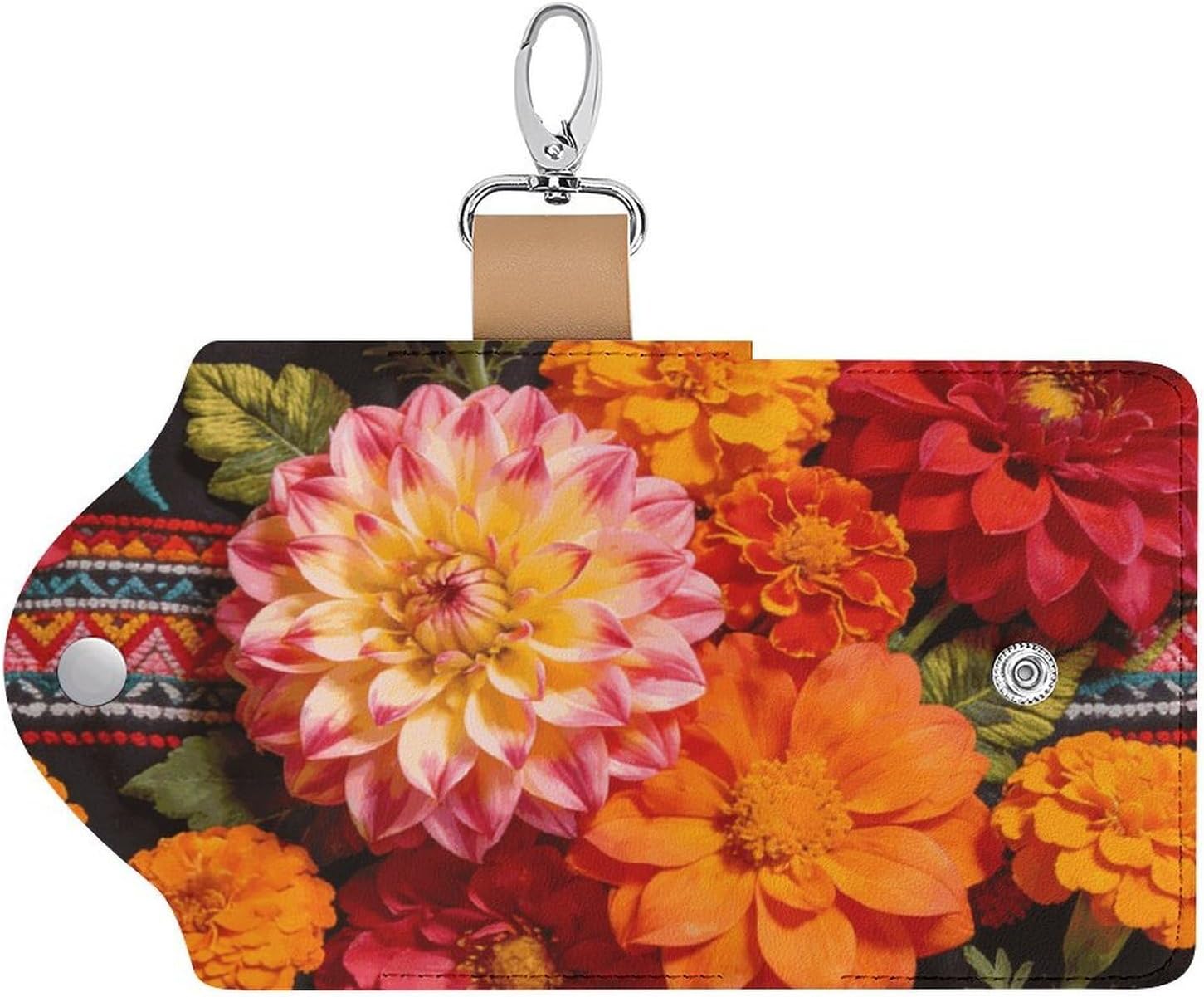 Mexican Flower Key Pouch, PU Leather Key Holder, Personalized Snap Closure Key Bag with Card Slot & Coin Pocket, Portable Key Organizer for Car Keys House Keys, Men Women